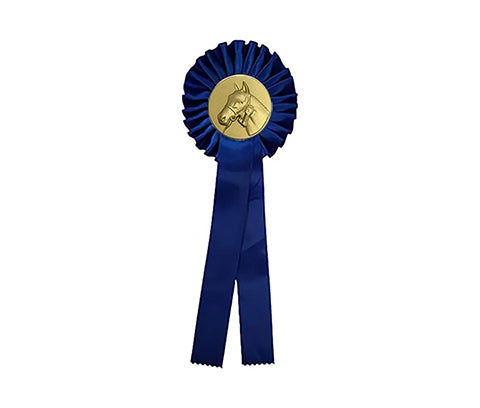 Doos blauwe rozetten met paardenhoofd