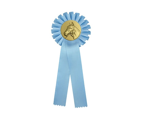 Doos licht blauwe rozetten met paardenhoofd